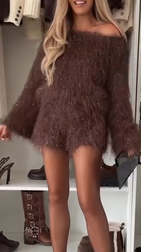 Women Round Neck Woolen Strip Solid Color Casual Set