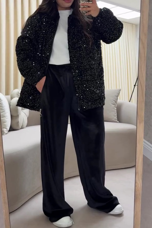 Women Casual Sequin Warm Zip-Up Jacket