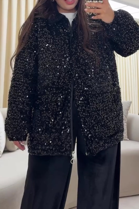 Women Casual Sequin Warm Zip-Up Jacket