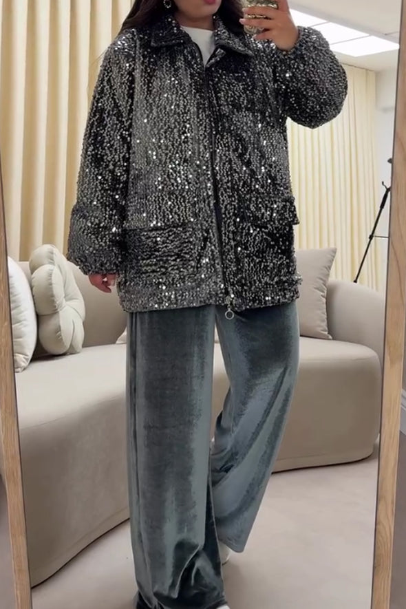 Women Casual Sequin Warm Zip-Up Jacket