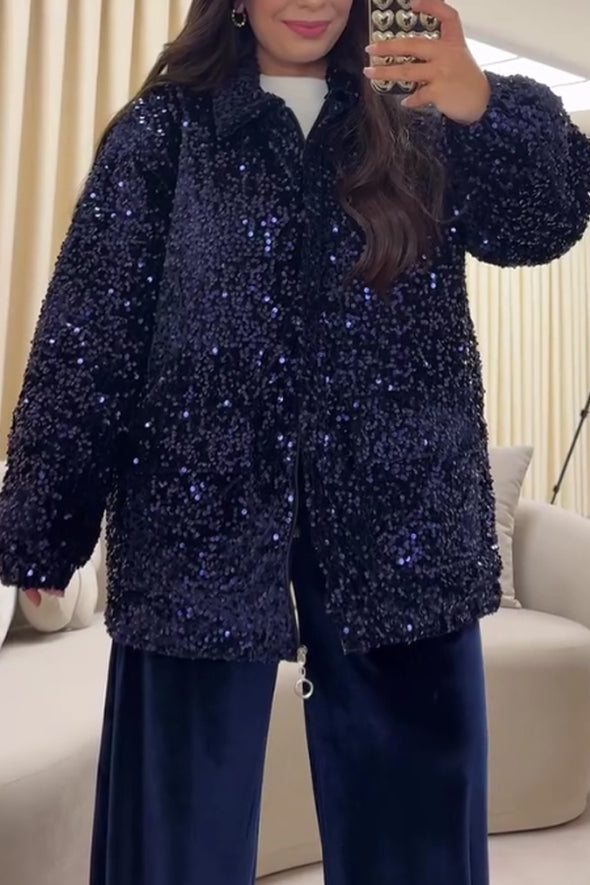 Women Casual Sequin Warm Zip-Up Jacket