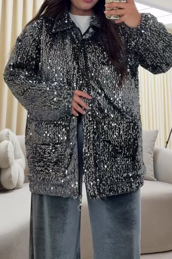 Women Casual Sequin Warm Zip-Up Jacket