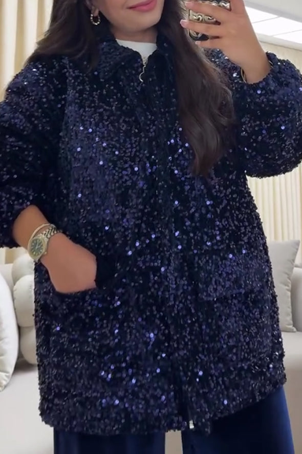 Women Casual Sequin Warm Zip-Up Jacket