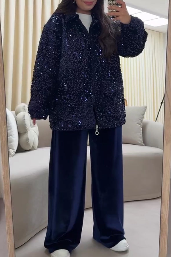 Women Casual Sequin Warm Zip-Up Jacket