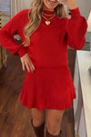 Ladies Round Neck Knitted Top+ Pleated Skirt Casual Set