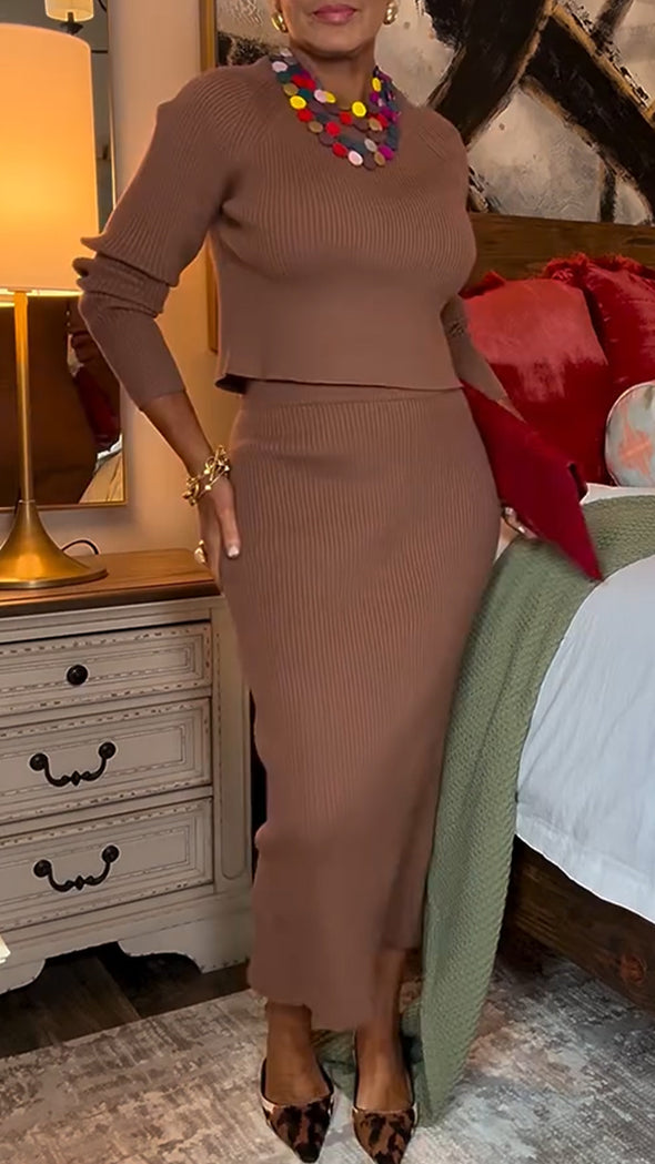 Women Round Neck Top+ Skirt Solid Color Knitted Casual Set