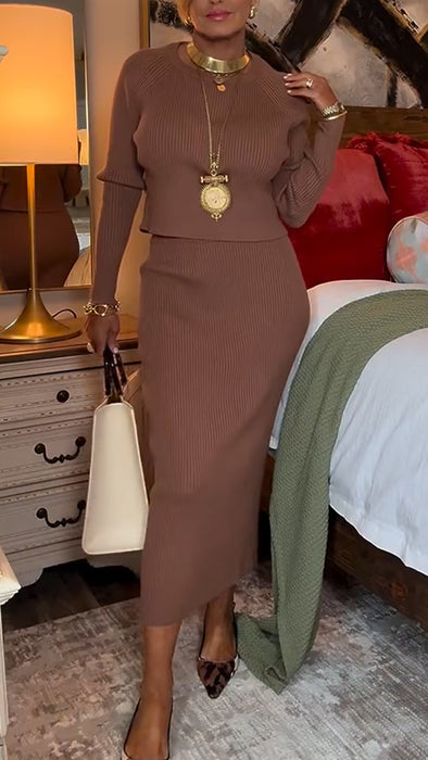 Women Round Neck Top+ Skirt Solid Color Knitted Casual Set