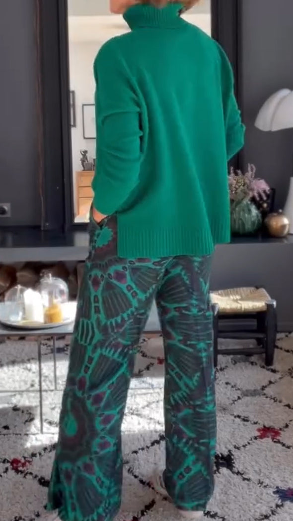 Ladies High Neck Knitted Sweater+ Printed Pants Casual Set