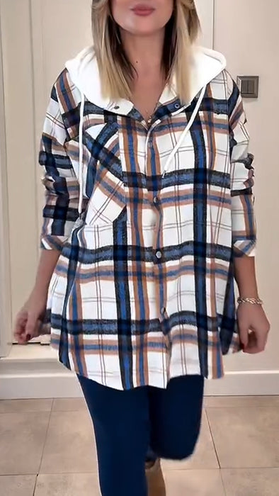 Women Hooded Drawstring Plaid Casual Jacket