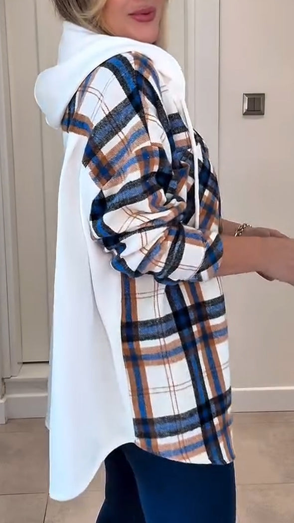 Women Hooded Drawstring Plaid Casual Jacket