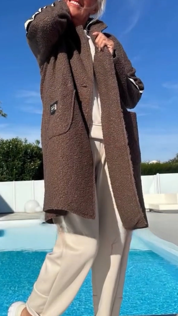 Ladies Stand Collar Vertical Stripe Casual Plush Jacket