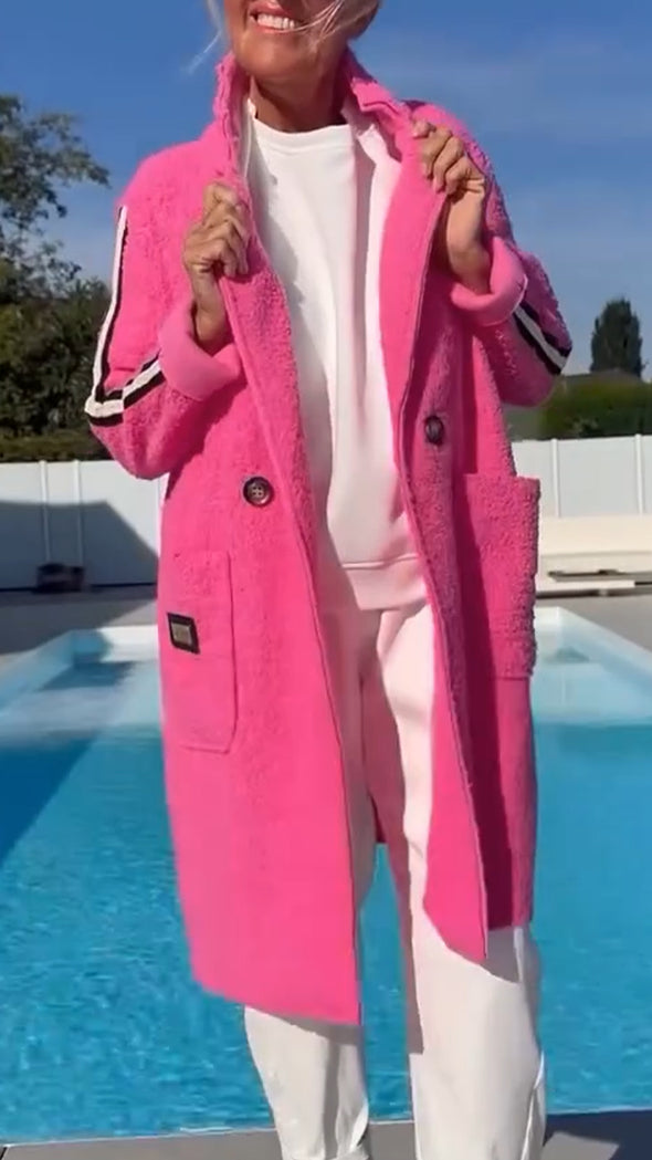 Ladies Stand Collar Vertical Stripe Casual Plush Jacket