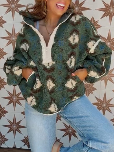 Women Collar Half Zipper Printed Casual Plush Top