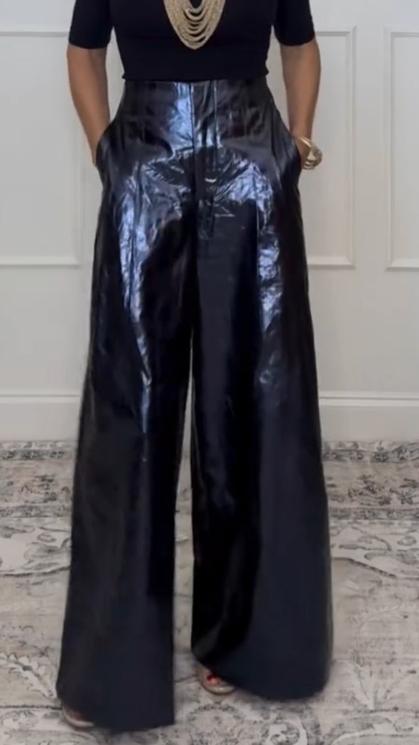 Ladies Shiny Casual Wide Leg Pants