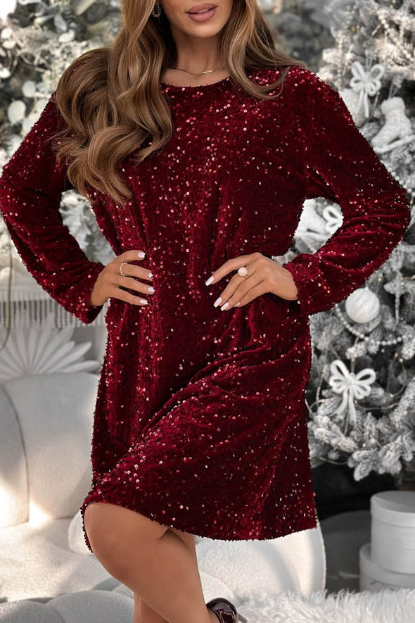 Ladies Round Neck Sequined Back Bow Tie with A Casual Christmas Atmosphere Dress