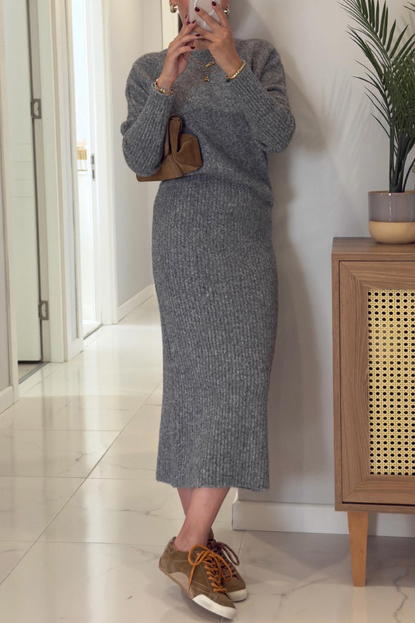 Women Round Neck Solid Color Casual Knitting Set