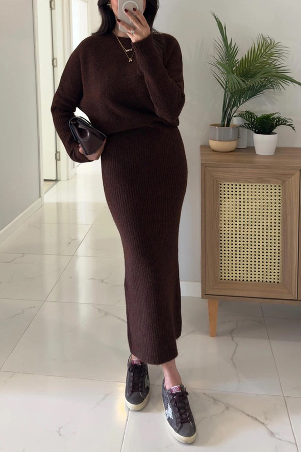 Women Round Neck Solid Color Casual Knitting Set