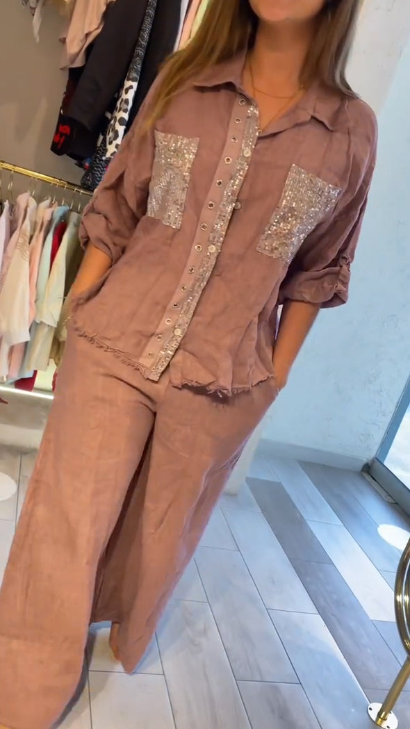 Ladies Lapel Patchwork Sequin Casual Set