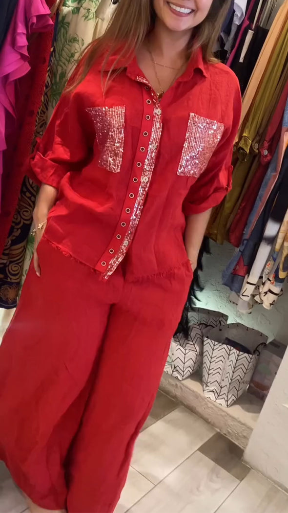 Ladies Lapel Patchwork Sequin Casual Set