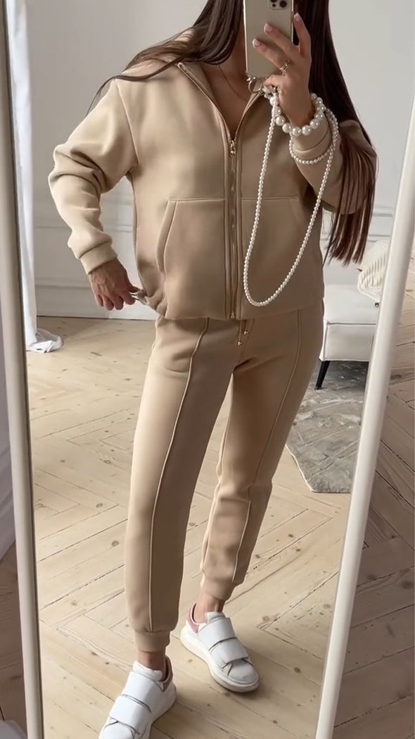 Ladies Solid Color Splicing Casual Set