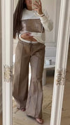 Ladies Round Neck Patchwork Sequin Top+ Pants Casual Set