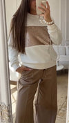 Ladies Round Neck Patchwork Sequin Top+ Pants Casual Set