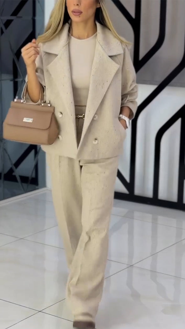 Women Collar Double Breasted Jacket+ Pants Temperament Commuting Suit