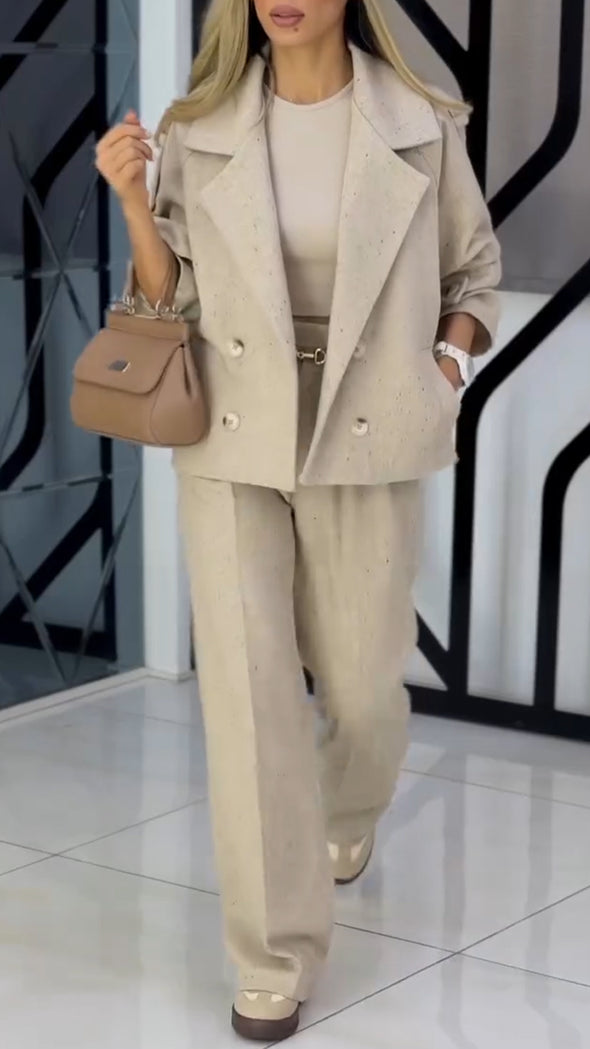 Women Collar Double Breasted Jacket+ Pants Temperament Commuting Suit