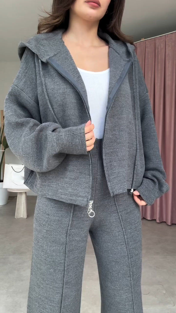 Women Hooded Drawstring Jacket+ Slit Hem Pants Casual Set