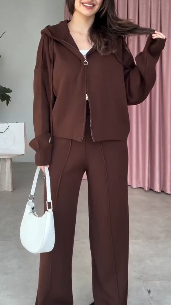 Women Hooded Drawstring Jacket+ Slit Hem Pants Casual Set