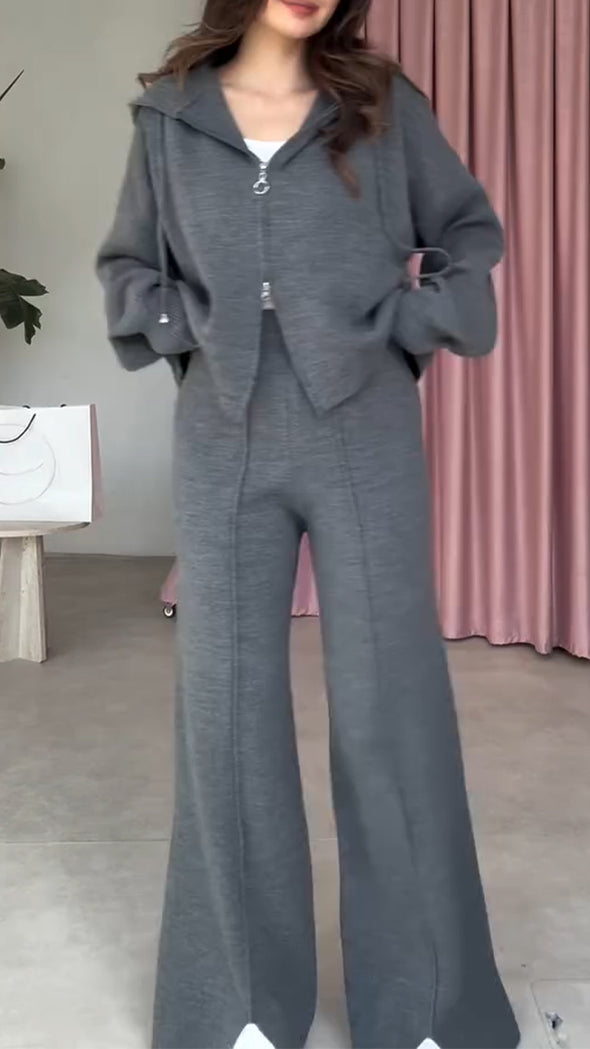 Women Hooded Drawstring Jacket+ Slit Hem Pants Casual Set