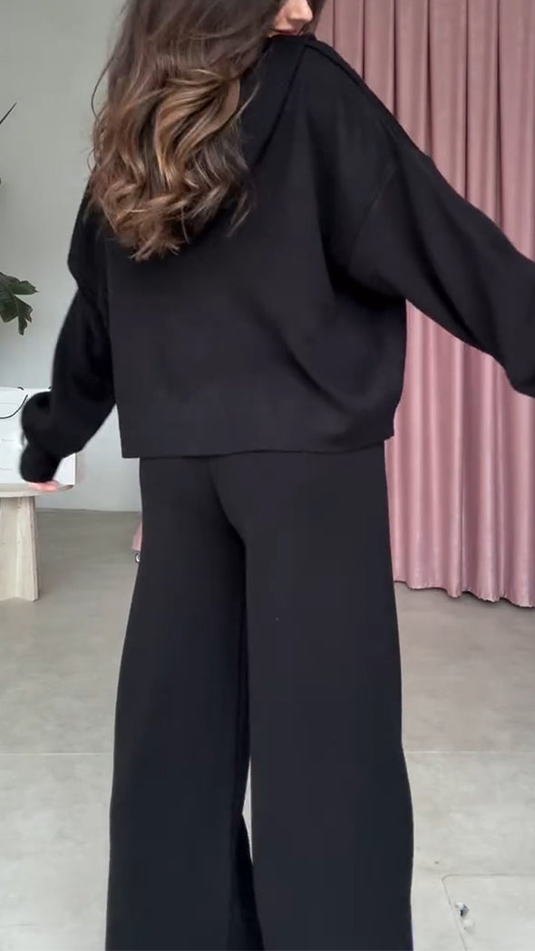 Women Hooded Drawstring Jacket+ Slit Hem Pants Casual Set