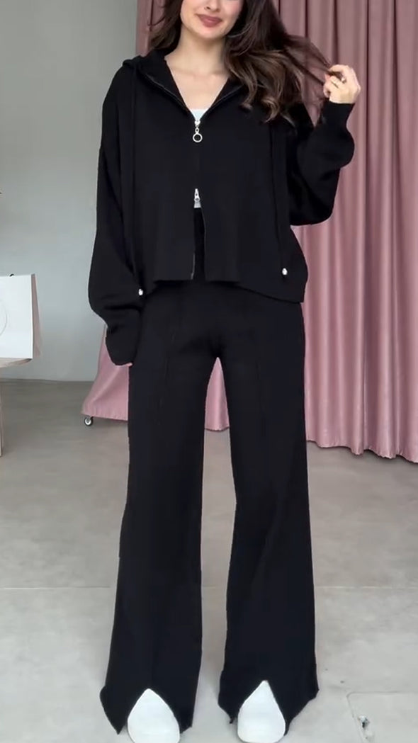 Women Hooded Drawstring Jacket+ Slit Hem Pants Casual Set