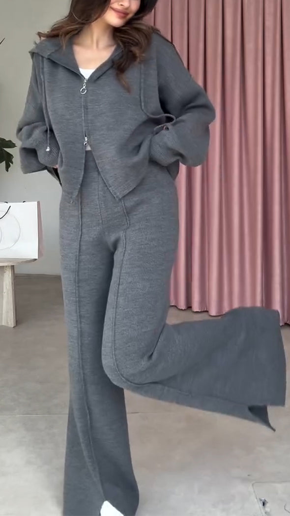 Women Hooded Drawstring Jacket+ Slit Hem Pants Casual Set