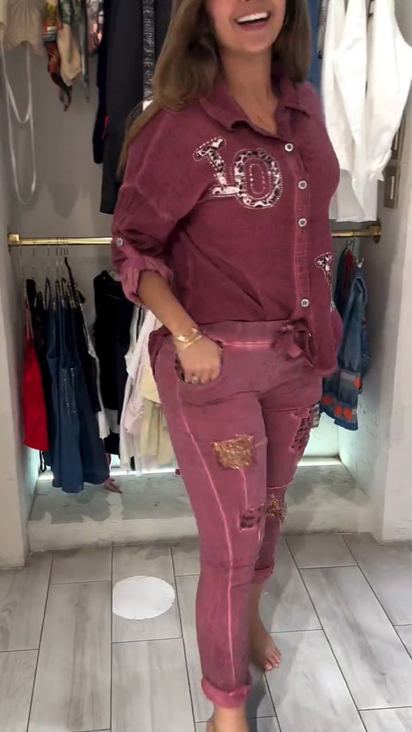 Ladies Lapel Print Rhinestone Top+ Patchwork Sequin Pants Casual Set