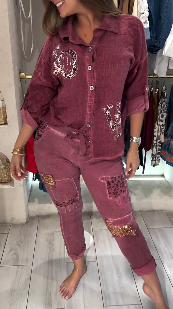 Ladies Lapel Print Rhinestone Top+ Patchwork Sequin Pants Casual Set