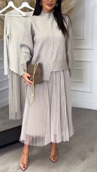 Ladies Interior Patchwork Dress+ Irregular Knitted Top Casual Set