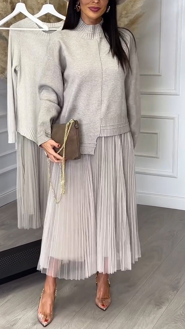 Ladies Interior Patchwork Dress+ Irregular Knitted Top Casual Set