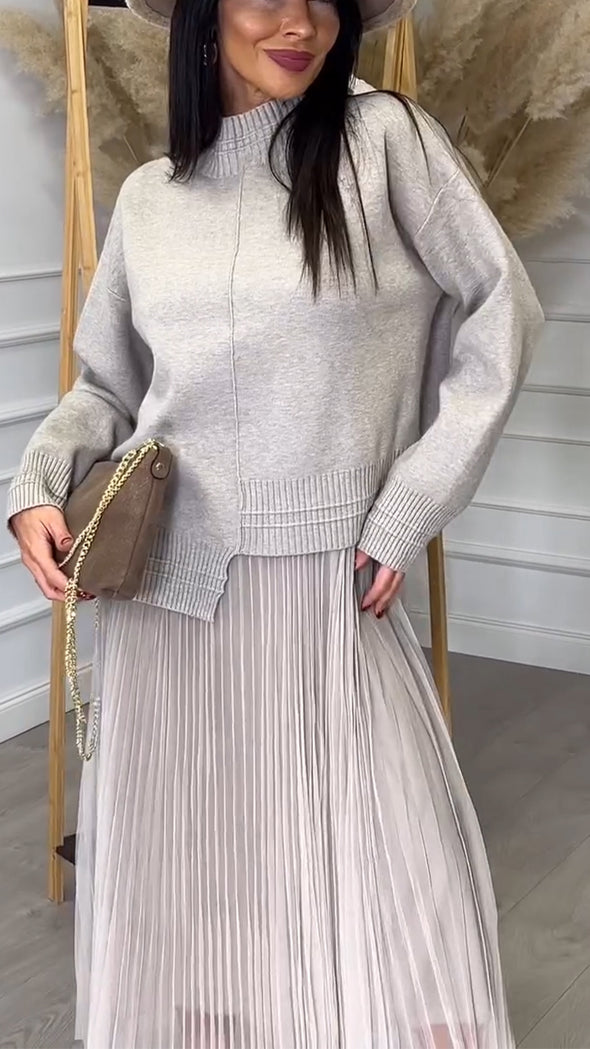 Ladies Interior Patchwork Dress+ Irregular Knitted Top Casual Set