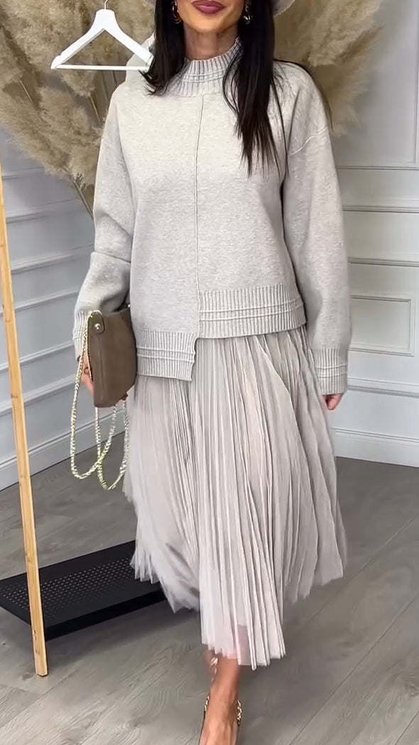 Ladies Interior Patchwork Dress+ Irregular Knitted Top Casual Set