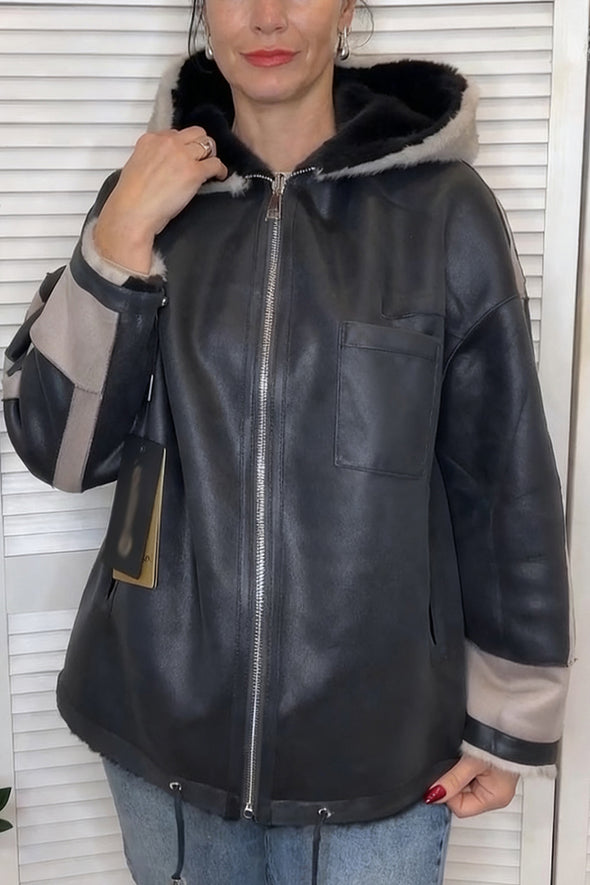 Women Hooded Vertical Striped Reversible Casual Plush Coat