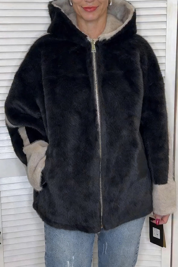 Women Hooded Vertical Striped Reversible Casual Plush Coat