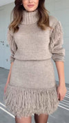 Women High Neck Knitted Patchwork Tassel Solid Color Temperament Casual Dress