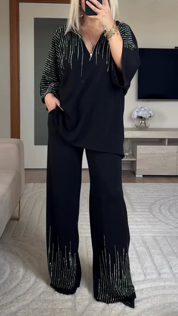 Women Collar Half Zipper Hot Stamping Diamond Vertical Pattern Casual Suit