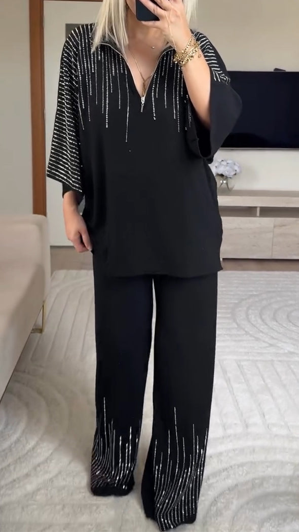 Women Collar Half Zipper Hot Stamping Diamond Vertical Pattern Casual Suit