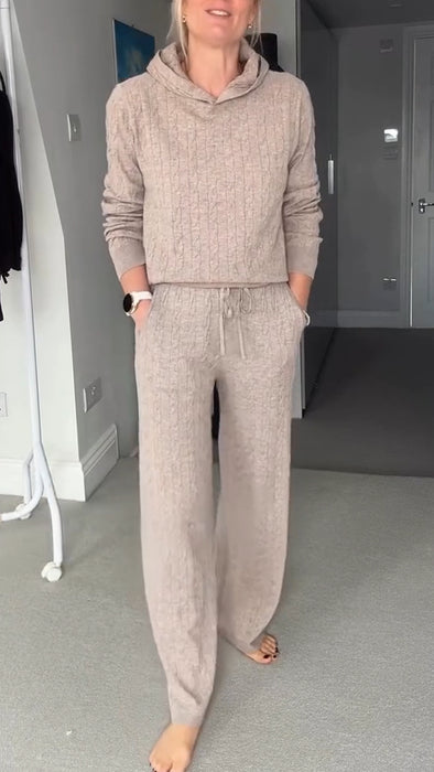Women Hooded Top+ Pants Solid Color Casual Knitted Suit
