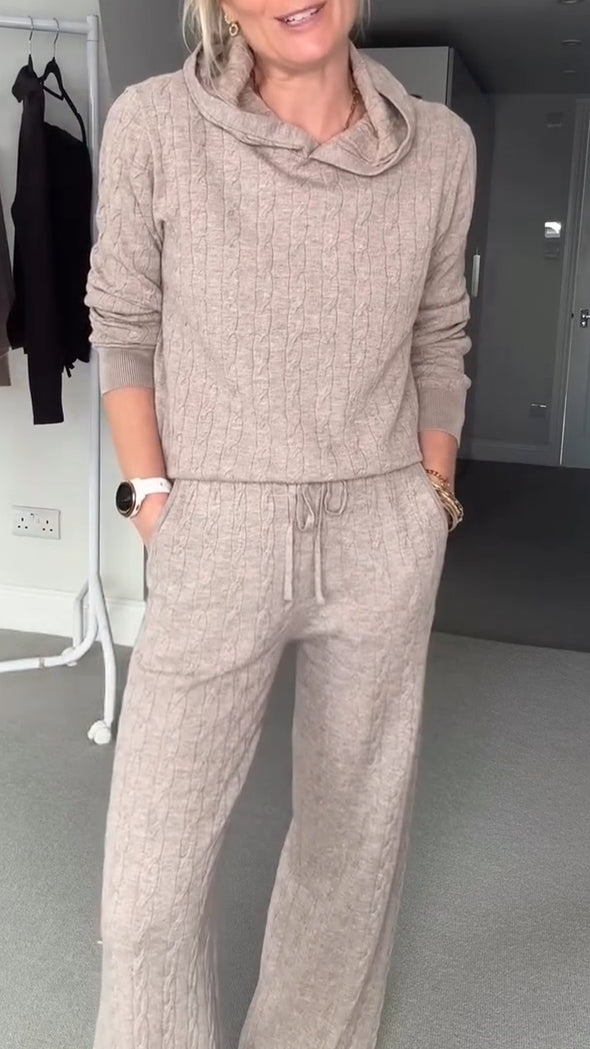 Women Hooded Top+ Pants Solid Color Casual Knitted Suit