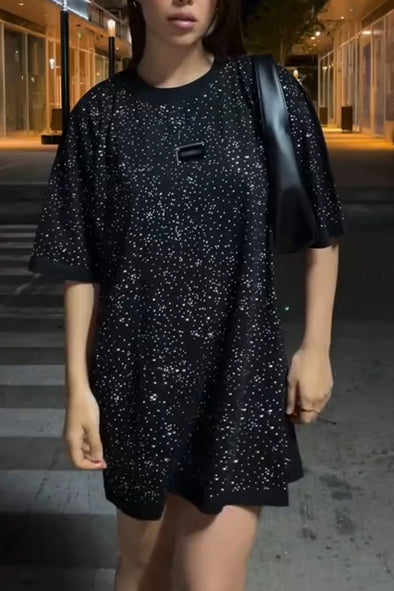 Women Round Neck Rhinestone Loose Casual Long T-Shirt