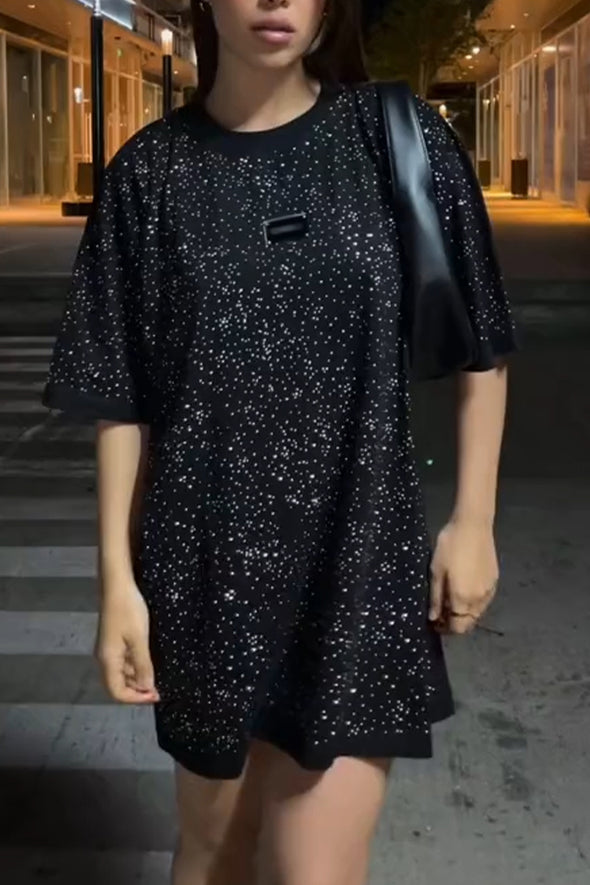 Women Round Neck Rhinestone Loose Casual Long T-Shirt