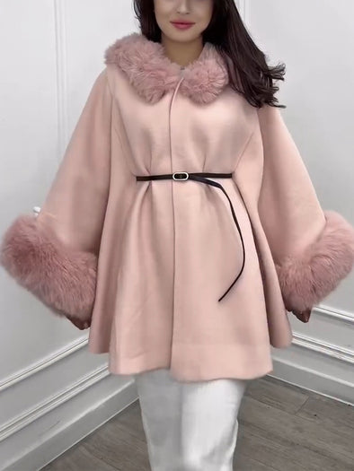 Women Fur Collar Plush Cuffs Temperament Casual Woolen Coat